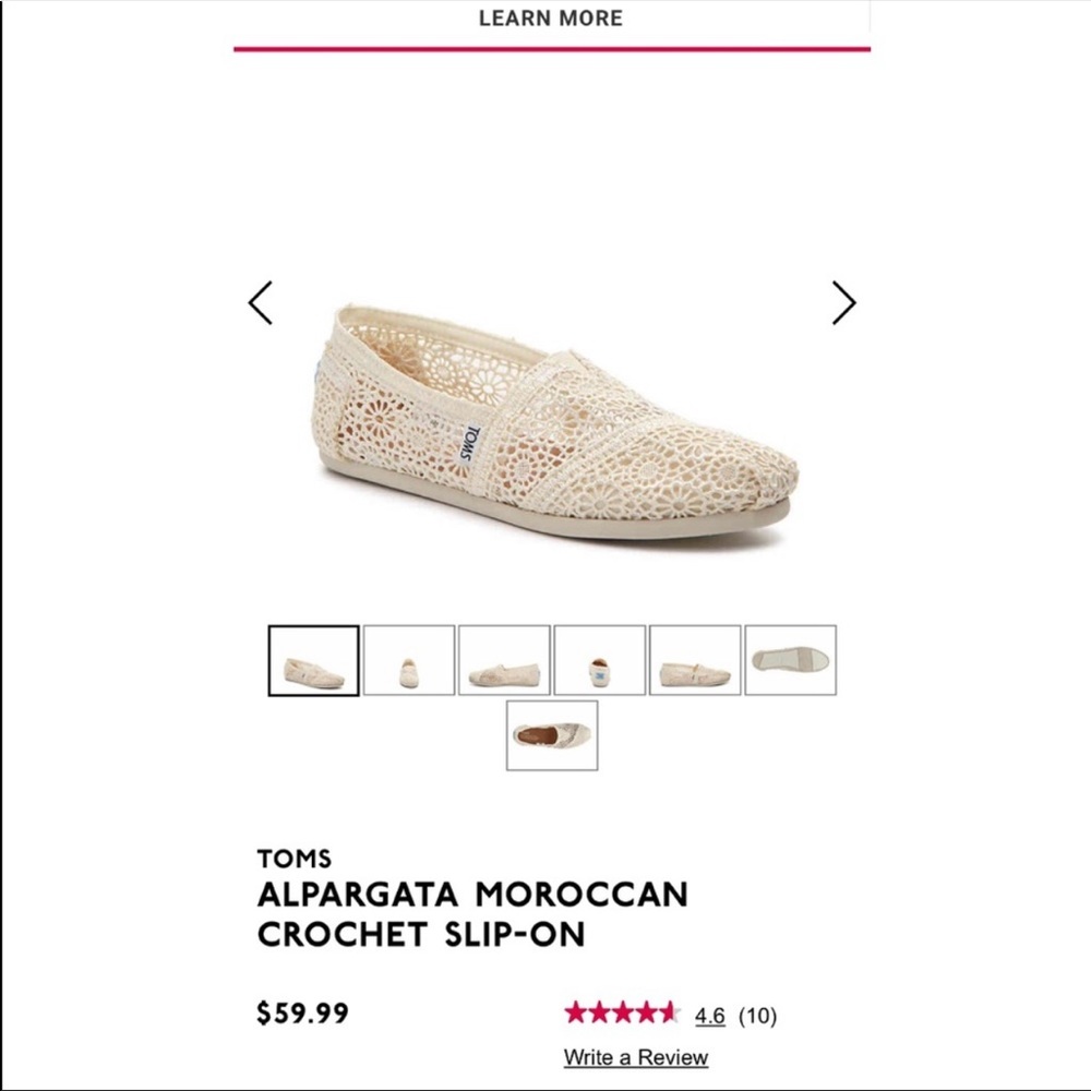 Toms Alpargata Moroccan Crochet Slip-on Size 8.5